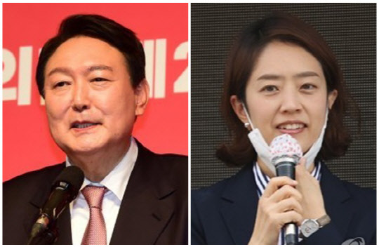 윤석열(왼쪽) 국민의힘 대선 후보와 고민정 더불어민주당 의원. 연합뉴스